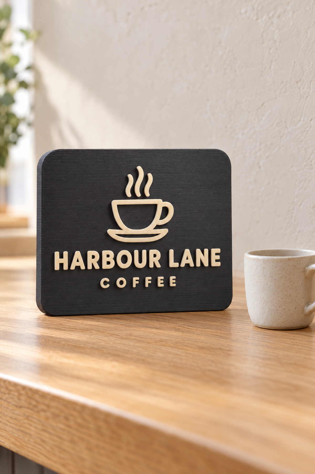 Full Logo Sign in the square or rectangle shape: a cafe logo 3D printed in cream on a charcoal background, standing on a counter