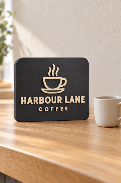 Full Logo Sign in the square or rectangle shape: a cafe logo 3D printed in cream on a charcoal background, standing on a counter